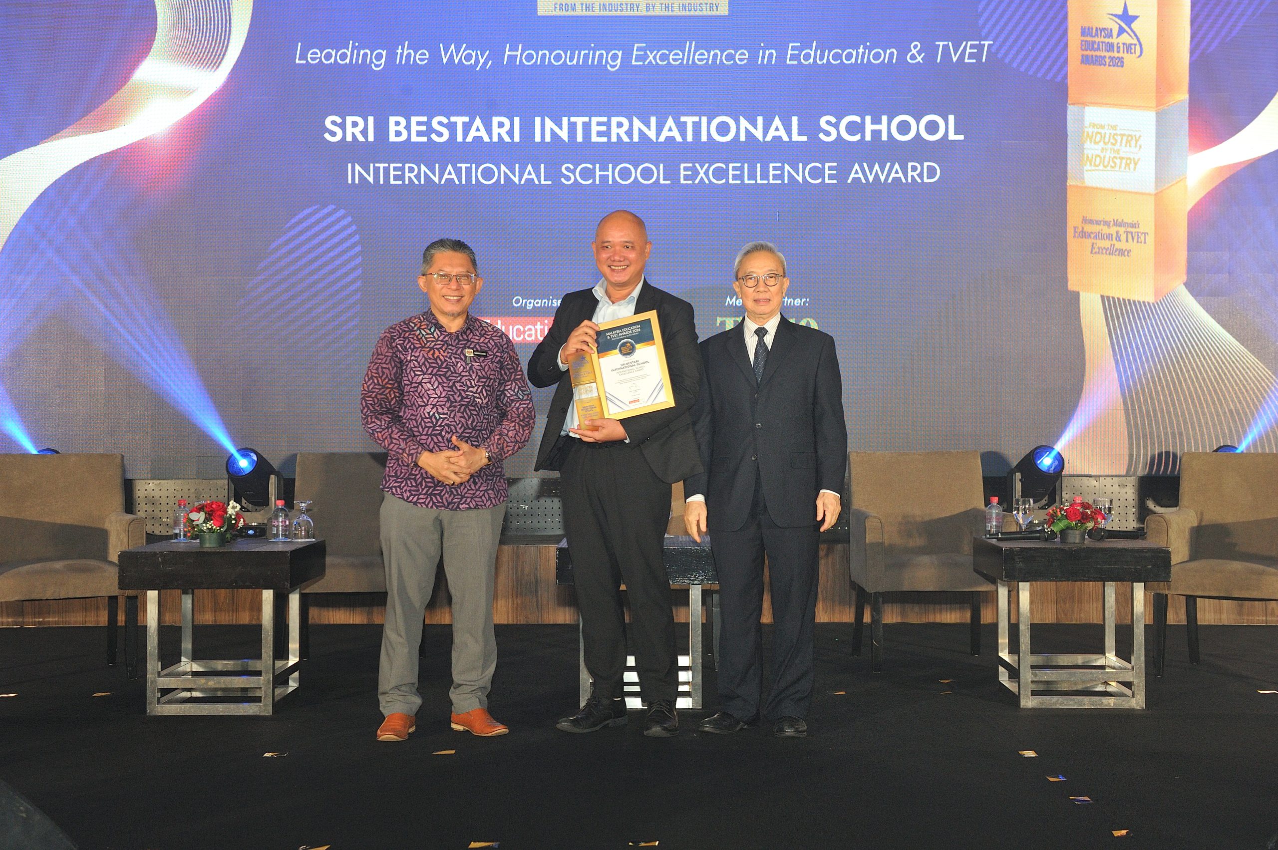 Sri Bestari International School receiving the International School Excellence Award at the Malaysia Education & TVET Awards 2026